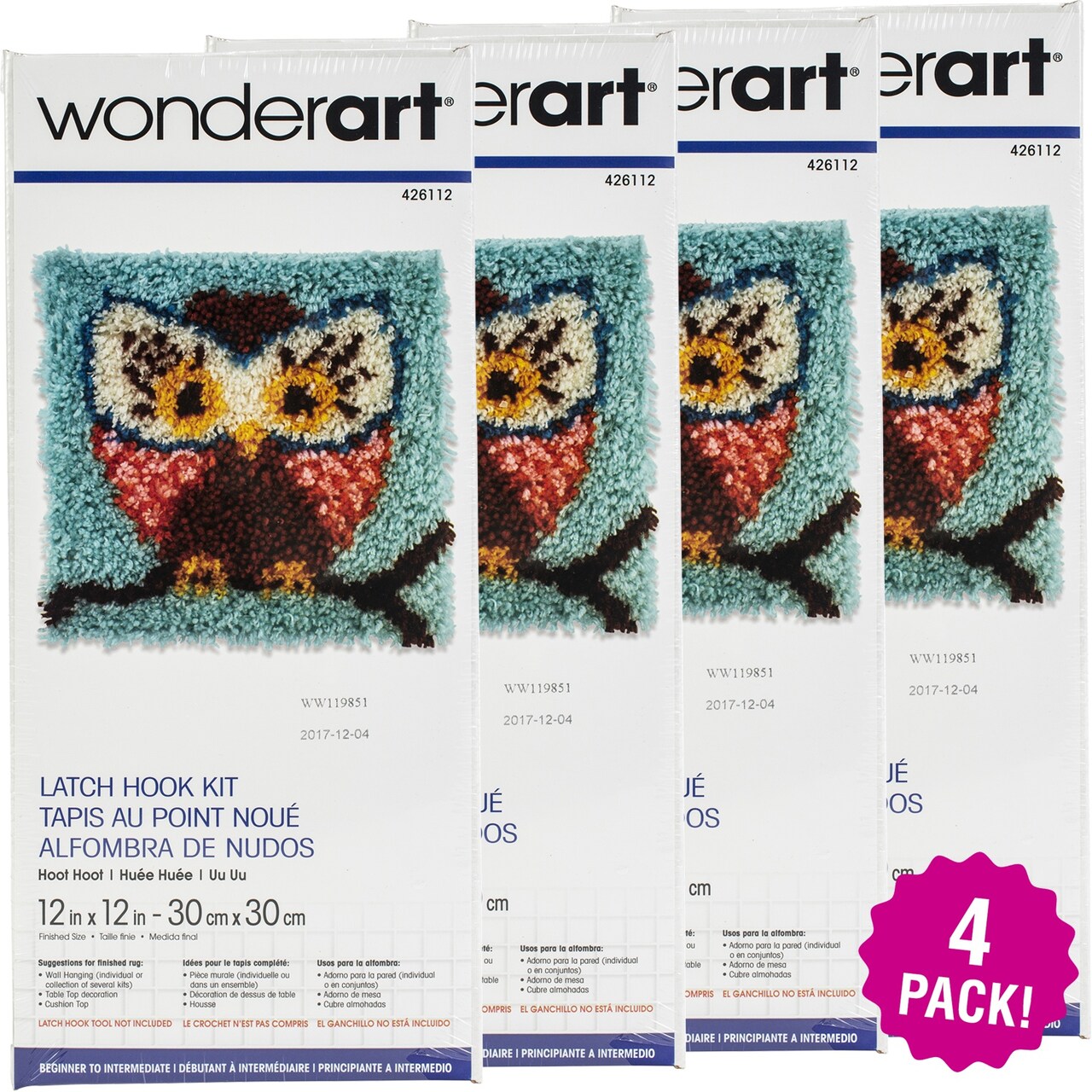 Multipack of 4 - Wonderart Latch Hook Kit 12"X12"-Hoot Hoot